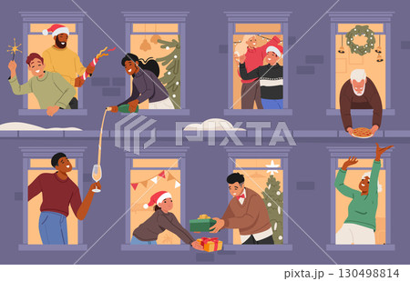 Christmas people neighbors in window sharing greetings and congratulating with winter holiday 130498814
