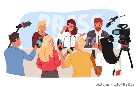 Team of businesspeople at press conference table giving interview to crowd reporters scene 130498818