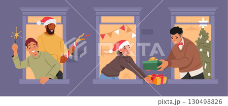 People neighbors celebrating Christmas with sparkling lights and exchanging gifts in window frames 130498826