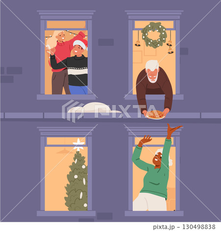 Happy loving couple and elderly man, woman neighbors celebrating Christmas together in window frames 130498838