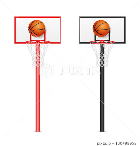 Basketball Hoop with Ball Vector Illustration in Red and Black Variations, Isolated Basketball Net and Backboard Icon, Basketball Hoop Symbol for Sports Design, Game Poster, Training Concept 130498958