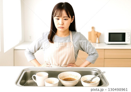家事に疲れた女性の日常  掃除・洗濯・料理・片付けにうんざりする表情　台所 130498961