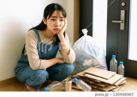 家事に疲れた女性の日常  掃除・洗濯・料理・片付けにうんざりする表情　リサイクル 130498963