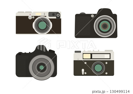 Flat Cartoon Camera Icon Vector Set. Retro and Modern Photo Cameras Front View. Isolated Photography Icons, Camera Symbol for Photographer Design, Digital Vintage Camera Illustration 130499114