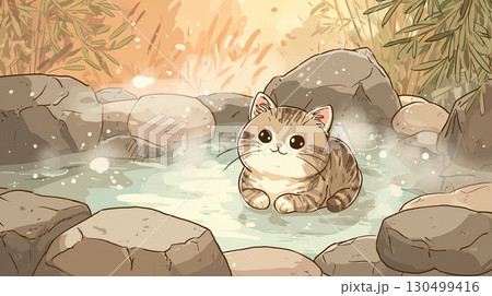 温泉に入る子猫 130499416