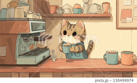 カフェで働く猫 130499974
