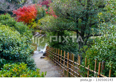 紅葉に彩られた渉成園のの印月池 紅葉に彩られた渉成園のの印月池 130500143