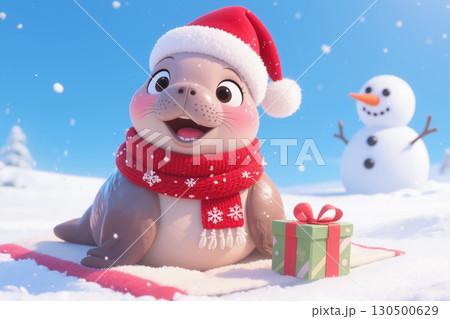 Cute seal in Santa hat and scarf with gift and snowman. Cute seal in Santa hat and scarf with gift and snowman. 130500629