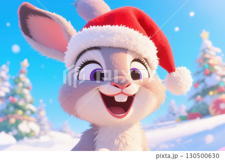 Happy rabbit in Santa hat with Christmas trees in the background. Happy rabbit in Santa hat with Christmas trees in the background. 130500630