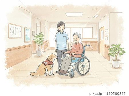 笑顔の介護士と高齢者、介助犬による安心サポート 130500835