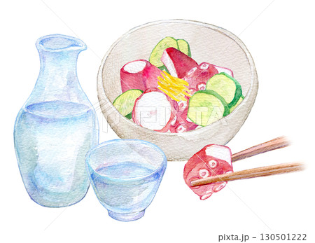 水彩イラスト　手描きイラスト　冷酒とタコの酢の物 130501222