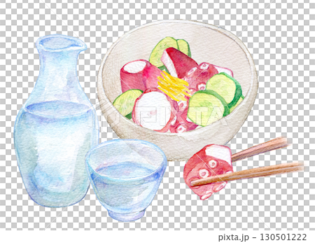 水彩イラスト　手描きイラスト　冷酒とタコの酢の物 130501222