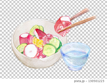 Watercolor illustration, hand-drawn illustration, cold sake and octopus vinegar dish 130501223