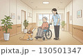 車椅子の高齢者と介護士、介助犬がいる介護施設のイラスト 130501347