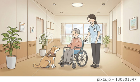 車椅子の高齢者と介護士、介助犬がいる介護施設のイラスト 130501347