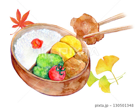 水彩イラスト　手描きイラスト　遠足のお弁当 130501348