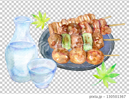 Watercolor illustration, hand-drawn illustration, yakitori and cold sake 130501367