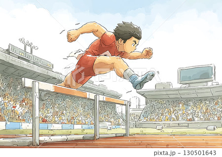ハードル走でジャンプする選手　男性 130501643