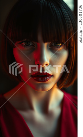 Cinematic image of beautiful woman with red lipstick on her lips, in retro style Cinematic image of beautiful woman with red lipstick on her lips, in retro style 130501736