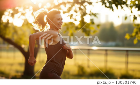 Portrait of a middle aged woman during a morning jog. 130501740