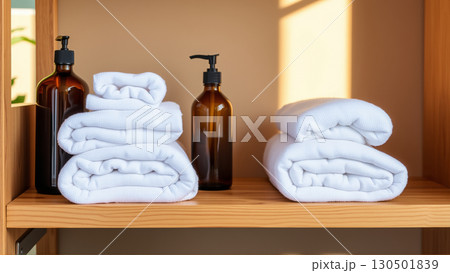 Spa treatment set, wooden shelf with neatly folded towels and dispensers for soap, cream, massage oil 130501839