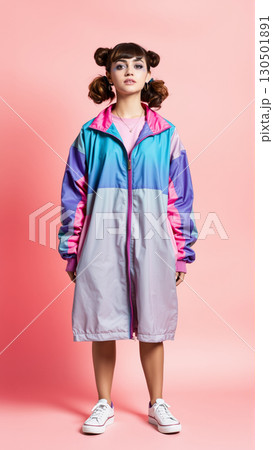 Young girl with bright face makeup on pink background. Girl dressed in a vintage sports windbreaker 130501891