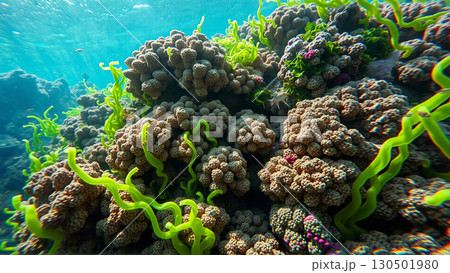 Underwater world, algae, corals, rocks at the bottom of the sea 130501980