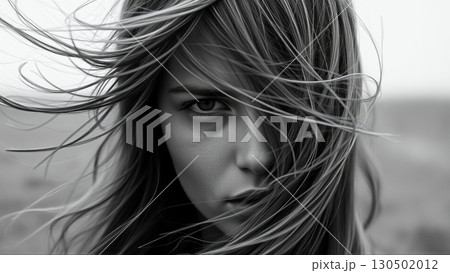 Monochrome portrait of a beautiful woman. Strong wind blows your hair 130502012