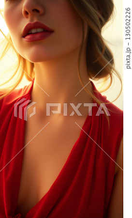 Cinematic image of beautiful woman with red lipstick on her lips, in retro style 130502226