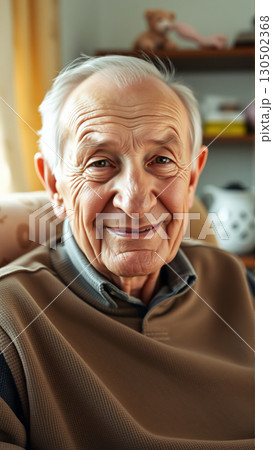 Portrait of an elderly man with kind eyes. A man is sitting in a chair at home 130502368