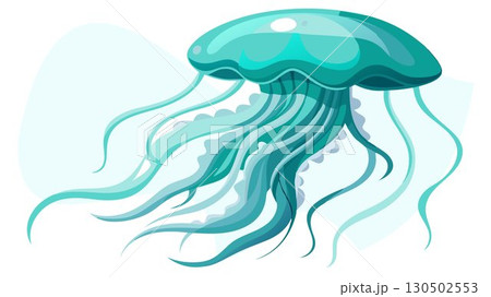 This high-resolution image captures the ethereal beauty of jellyfish, their translucent bodies and flowing tentacles sharply defined against a minimalist white background, producing a sophisticated a 130502553