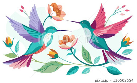 This high-resolution image captures the vibrant colors and dynamic movements of hummingbirds feeding on flowers, their delicate forms and iridescent plumage beautifully contrasted against a minimalis This high-resolution image captures the vibrant colors and dynamic movements of hummingbirds feeding on flowers, their delicate forms and iridescent plumage beautifully contrasted against a minimalis 130502554