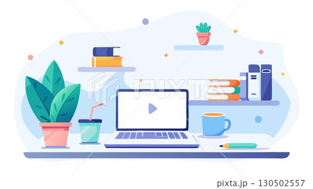 The simplicity of a white desk perfectly complements a modern workspace setup, with a laptop, notebook, and coffee cup arranged to evoke feelings of efficiency, productivity, and a sense of calm and 130502557