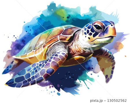 dramatic watercolor turtle, dark and moody colors, intense expression, powerful and captivating composition. 130502562