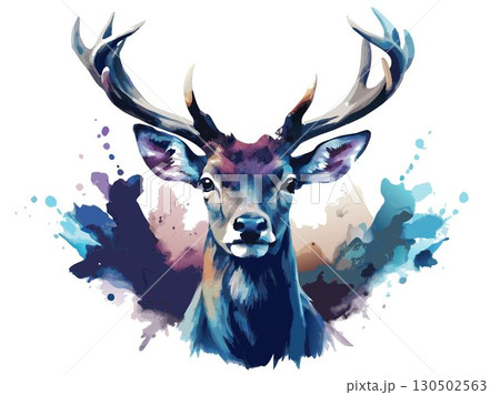 Dramatic watercolor deer, dark and moody colors, intense gaze, conveying a sense of power and mystery. 130502563