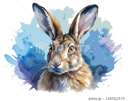 A realistic watercolor hare, detailed fur texture, natural colors, and lifelike pose in a natural setting. 130502575