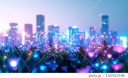 Bioluminescent flora thrives in a biopunk cityscape, its ethereal glow captured with a soft bokeh effect against a stark white background, creating a futuristic dreamscape. 130502596