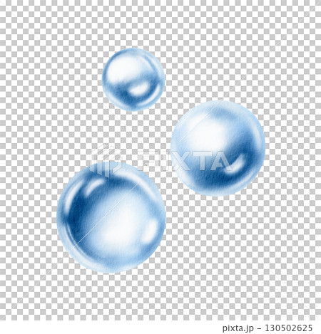 Delicate air bubbles float in a serene aquatic dance,captured in soft blue watercolor monochrome.For ethereal designs and ocean-inspired projects.Hand drawn illustration for aquatic arrangements 130502625