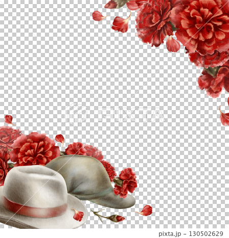 The 1974 Carnation Revolution in Portugal,square frame,civilian hats and soldiers berets became symbols of peaceful tide,all unfolding among blossoms of red carnations.Watercolor illustration,template 130502629