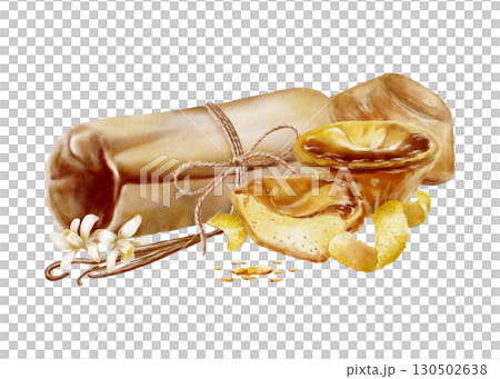 Portuguese traditional tart pastel de nata with textured creamy custard,lemon flowers,pods of vanilla,kraft paper scroll in horizontal vintage view tied rope in a bow.Watercolor illustration Portuguese traditional tart pastel de nata with textured creamy custard,lemon flowers,pods of vanilla,kraft paper scroll in horizontal vintage view tied rope in a bow.Watercolor illustration 130502638
