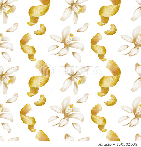 Seamless pattern of blooming white lemon tree flowers,lemon peel,zest spirals and curls-fragrant garnish for menu,refreshing backgrounds,aromatic spice,for recipes,bar.Watercolor illustration Seamless pattern of blooming white lemon tree flowers,lemon peel,zest spirals and curls-fragrant garnish for menu,refreshing backgrounds,aromatic spice,for recipes,bar.Watercolor illustration 130502639