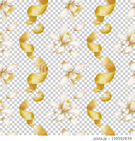 Seamless pattern of blooming white lemon tree flowers,lemon peel,zest spirals and curls-fragrant garnish for menu,refreshing backgrounds,aromatic spice,for recipes,bar.Watercolor illustration 130502639