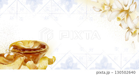 Template pasteis de nata with textured creamy custard-traditional Portuguese dessert with lemon peel,zest spirals,lemon flowers.Watercolor illustration with splatter yellow spots and tile background 130502640