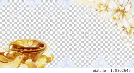 Template pasteis de nata with textured creamy custard-traditional Portuguese dessert with lemon peel,zest spirals,lemon flowers.Watercolor illustration with splatter yellow spots and tile background 130502640
