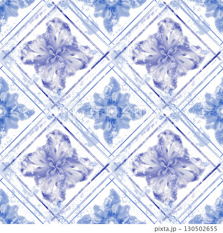 Watercolor floral seamless pattern in Mediterranean style,seams of old ceramic tile in blue color with scratches and cracks.Loose abstract botanical motif.For textiles,ceramics 130502655