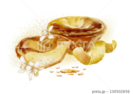 Halved and whole pasteis de nata with textured creamy custard and crumbs-traditional Portuguese dessert with lemon peel,zest spirals,lemon flowers.Watercolor illustration with splatter yellow spots 130502656