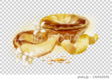 Halved and whole pasteis de nata with textured creamy custard and crumbs-traditional Portuguese dessert with lemon peel,zest spirals,lemon flowers.Watercolor illustration with splatter yellow spots 130502656