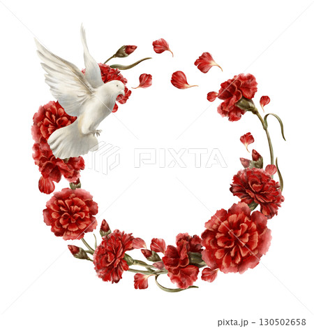 Floral wreath-white pigeon soaring in air with red carnations,dove spread its wings as a symbol of the revolution's peaceful nature.Hand drawn watercolor illustration isolated on white 130502658