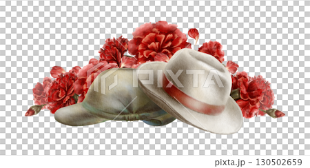 The 1974 Carnation Revolution in Portugal,where civilian hat and soldier beret became symbols of its peaceful tide,all unfolding among blossoms of red carnations.Watercolor isolated illustration The 1974 Carnation Revolution in Portugal,where civilian hat and soldier beret became symbols of its peaceful tide,all unfolding among blossoms of red carnations.Watercolor isolated illustration 130502659
