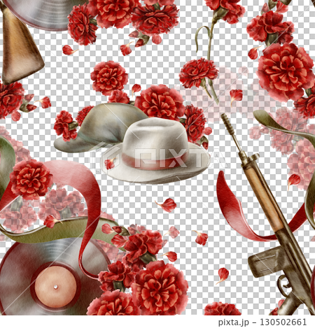 Seamless pattern Portuguese revolution of carnations symbols watercolor illustration.Portugal Freedom day with vintage rifle,red flowers,vinyl,civilian hat and soldier cap,ribbons in national colors Seamless pattern Portuguese revolution of carnations symbols watercolor illustration.Portugal Freedom day with vintage rifle,red flowers,vinyl,civilian hat and soldier cap,ribbons in national colors 130502661